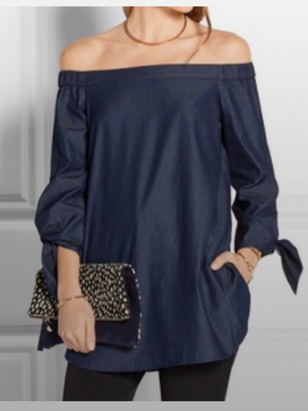 Tibi Navy Off-Shoulder Tie-Sleeve Blouse ❤️❤️